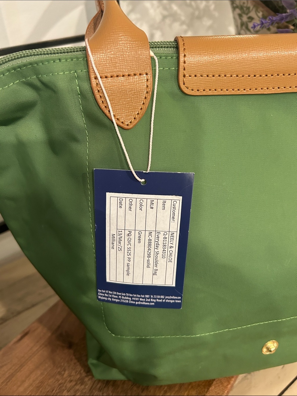 Green Nylon Tote with Tan Trim by Longchamp - Picture 7 of 7